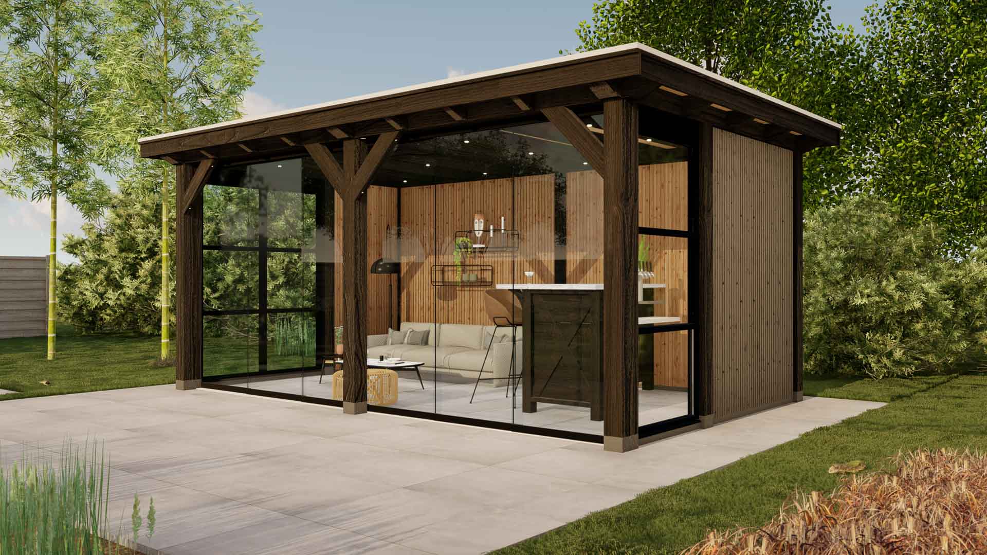 Buitenverblijf Barcelona - Staandermaat 3270x5390 mm Dakmaat 3760x5933 mm - Zwart Onbehandeld - 1_Linkerzijde Buitenverblijf Barcelona Staandermaat 3270x5390 mm Dakmaat 3760x5933 mm Zwart Onbehandeld 1 Linkerzijde