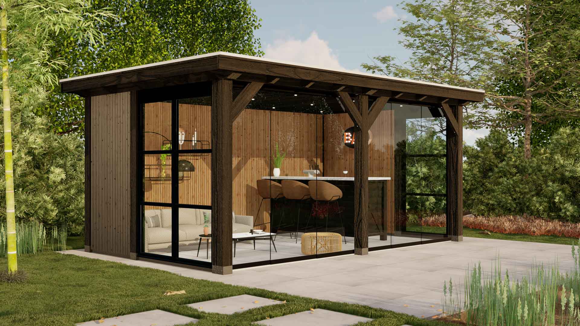 Barcelona 7 Buitenverblijf Barcelona Staandermaat 3270x5390 mm Dakmaat 3760x5933 mm Zwart Onbehandeld 1 Rechterzijde 2