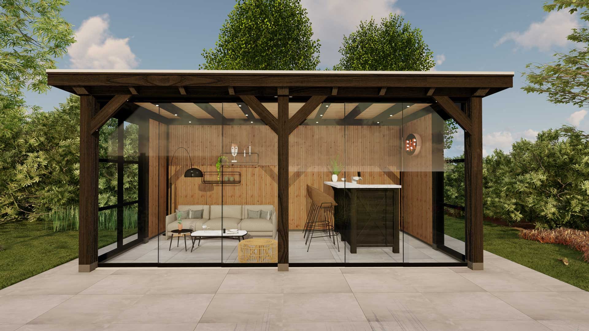 Barcelona 6 Buitenverblijf Barcelona Staandermaat 3270x5390 mm Dakmaat 3760x5933 mm Zwart Onbehandeld 1 Vooraanzicht