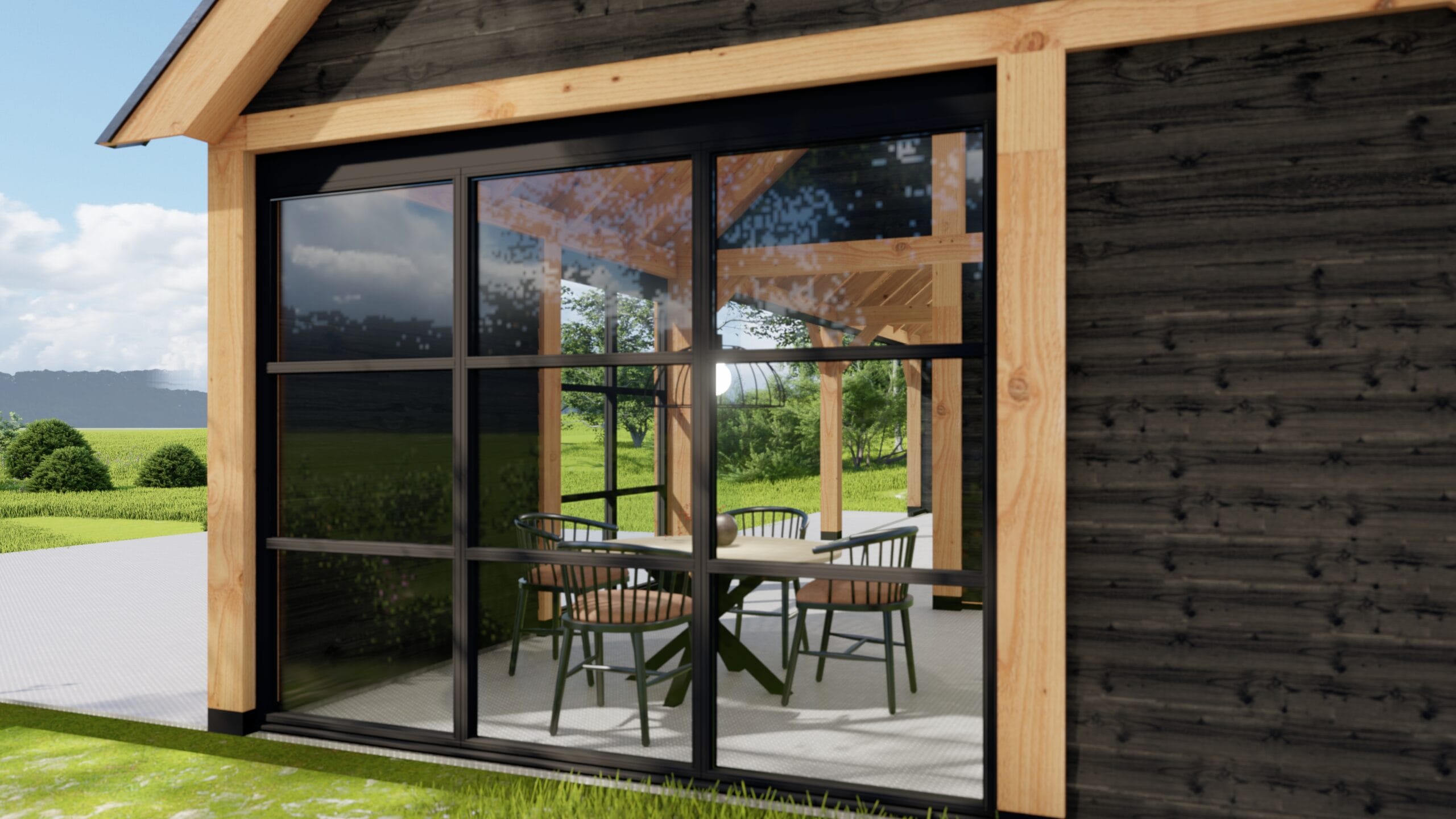 Buitenverblijf Lissabon XXL Staandermaat 12571x5318mm Dakmaat 12955x5860mm Onbehandeld zwart Close up 2 scaled