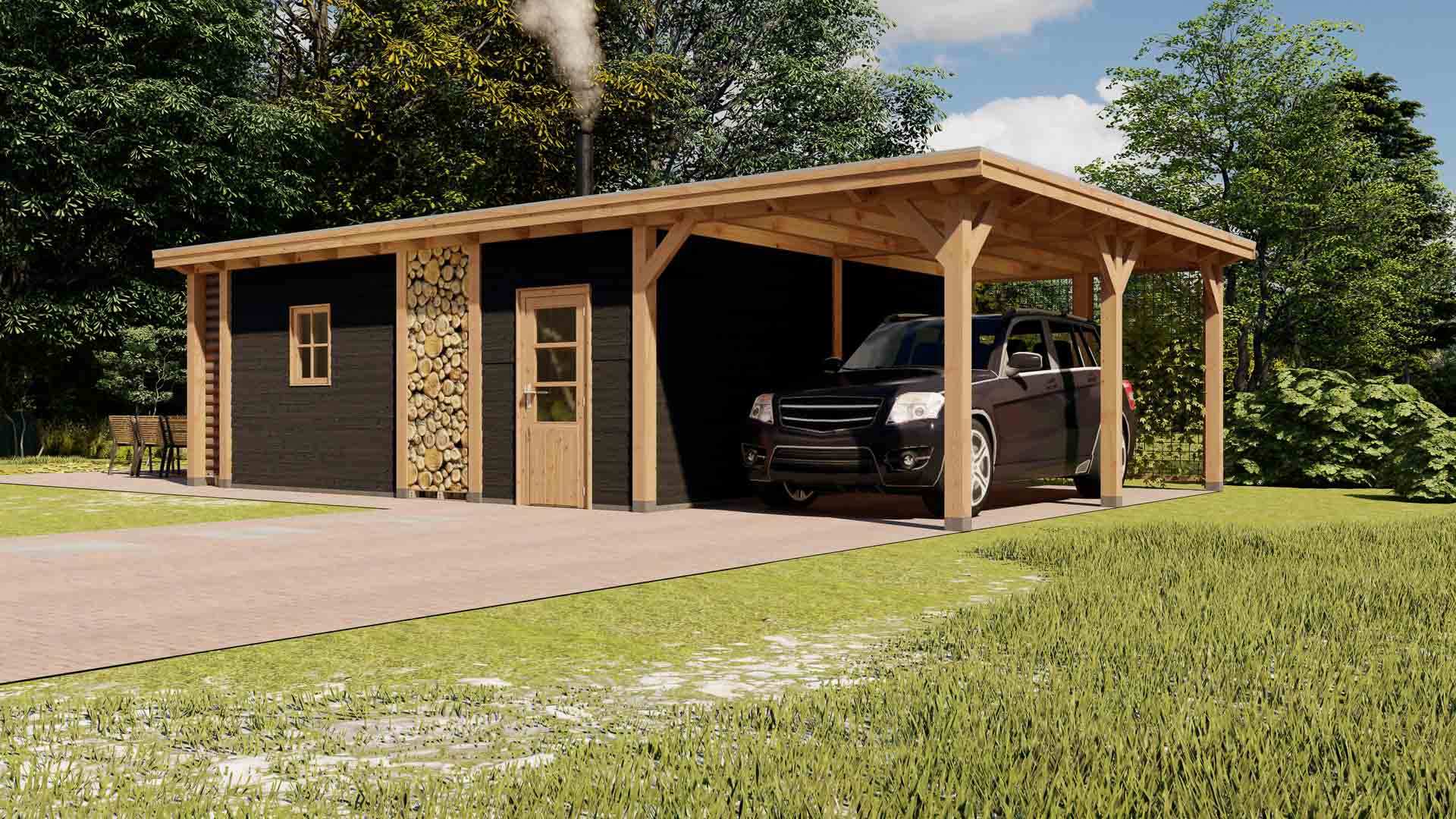 Barcelona 11 buitenverblijf Barcelona 10450x6740mm met carport onbehandeld Achterzijde