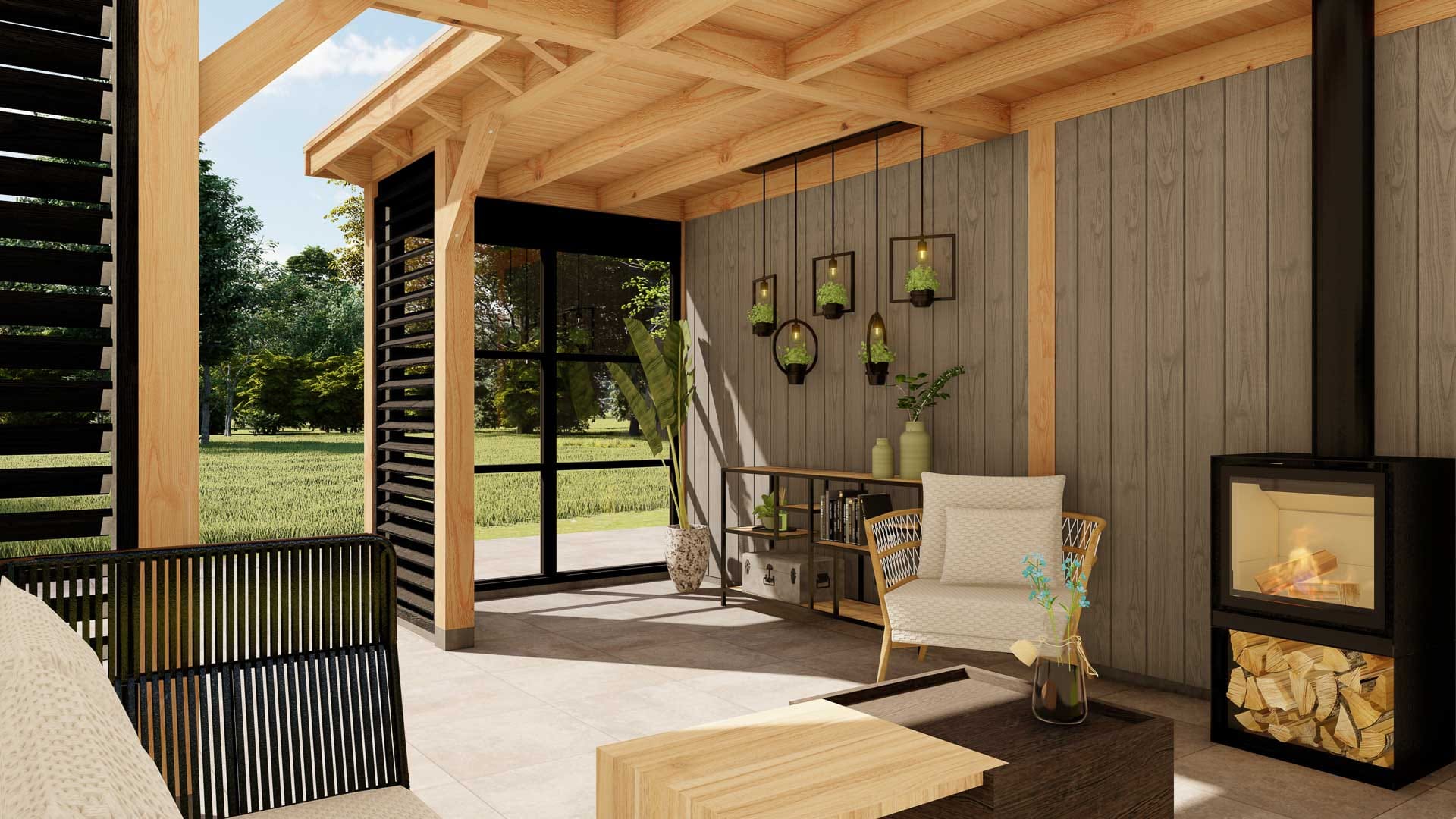 buitenverblijf Barcelona - 10450x6740mm - met carport - onbehandeld - Binnenzijde buitenverblijf Barcelona 10450x6740mm met carport onbehandeld Binnenzijde