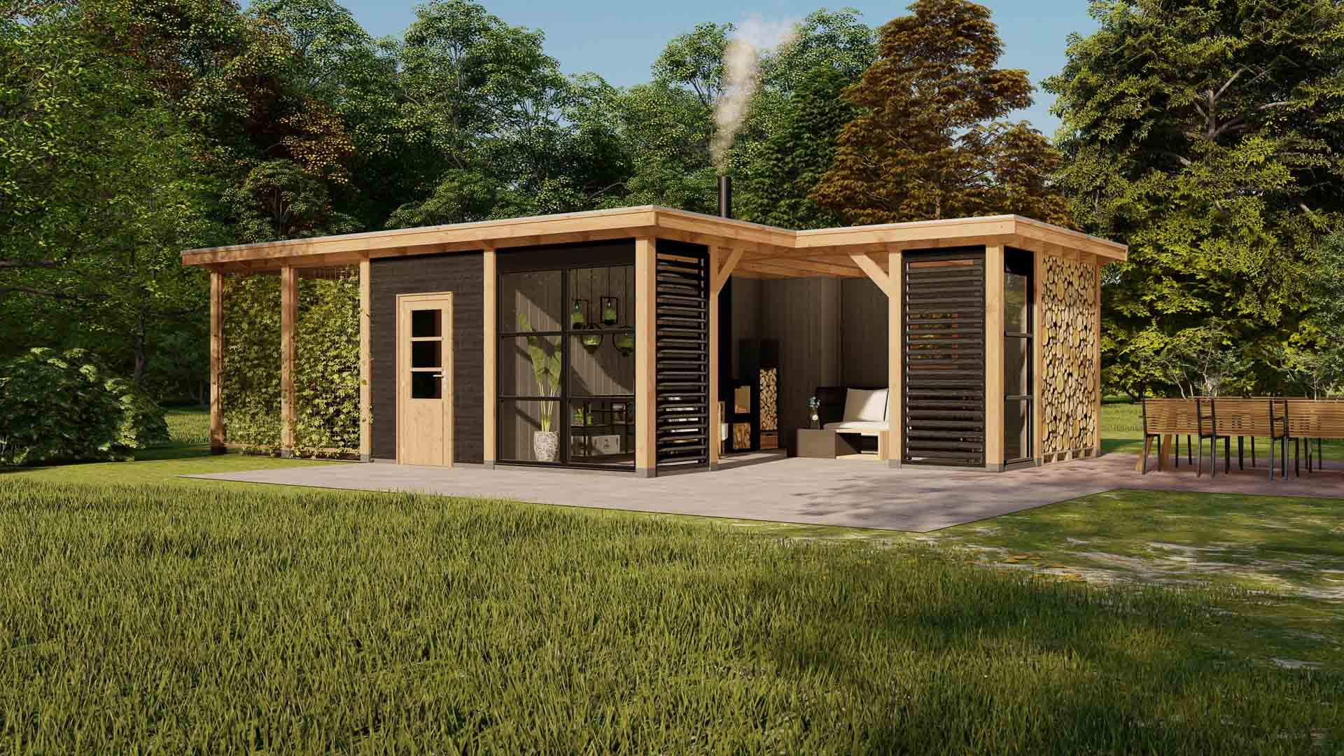 Barcelona 17 buitenverblijf Barcelona 10450x6740mm met carport onbehandeld voorzijde