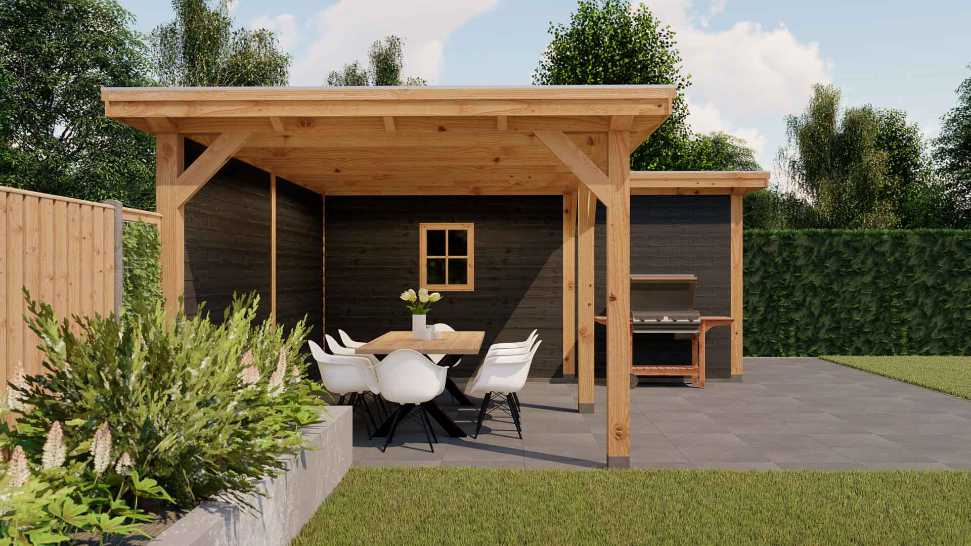 Barcelona 1 buitenverblijf Barcelona 9060x5953mm Hoekopstelling met berging linkerzijde