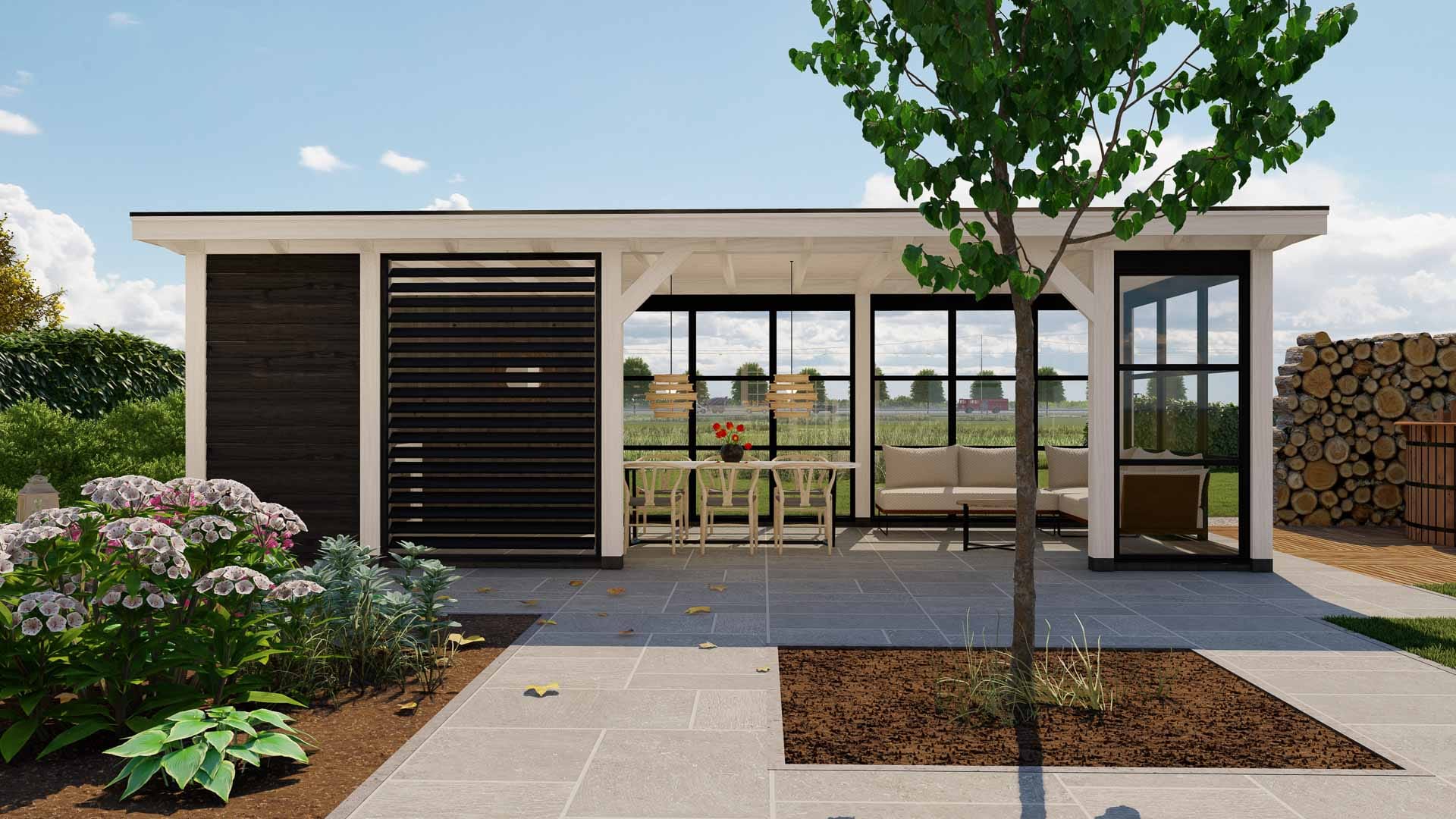 Barcelona 16 buitenverblijf Barcelona Dakmaat 8560x3810mm Staandermaat 8020x3270mm voorzijde