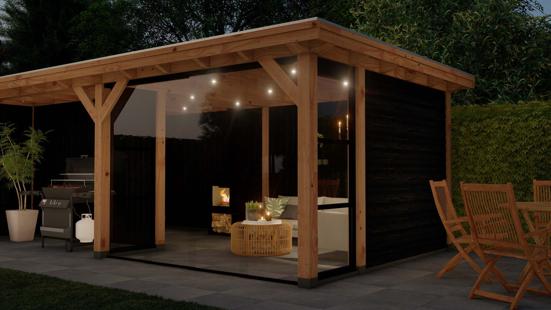 Barcelona 15 buitenverblijf Barcelona Staandermaat 9995x3768mm Dakmaat 10500x 4315mm onbehandeld zwart Close 1