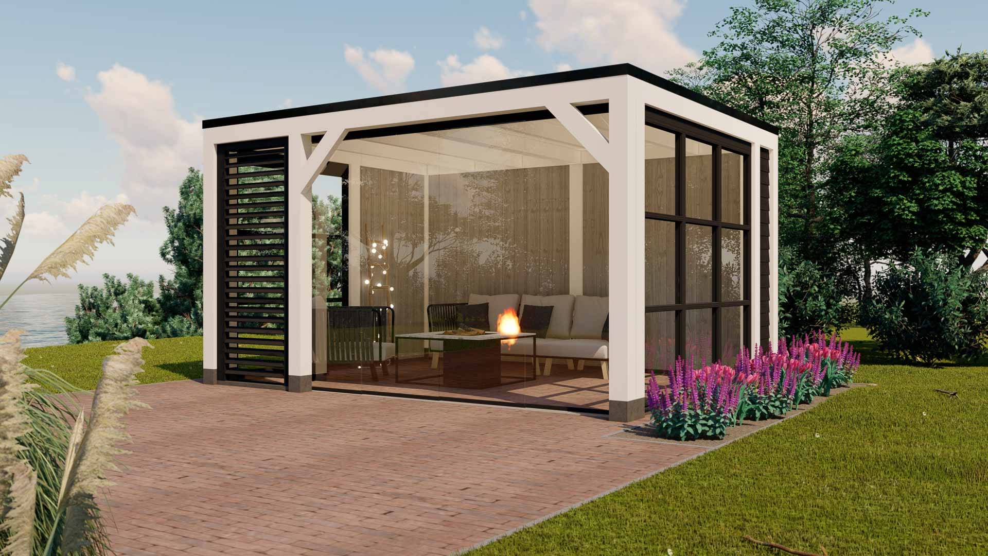 buitenverblijf Valencia - 4500x3500 mm - Wit Zwart - Rechterzijde buitenverblijf Valencia 4500x3500 mm Wit Zwart Rechterzijde